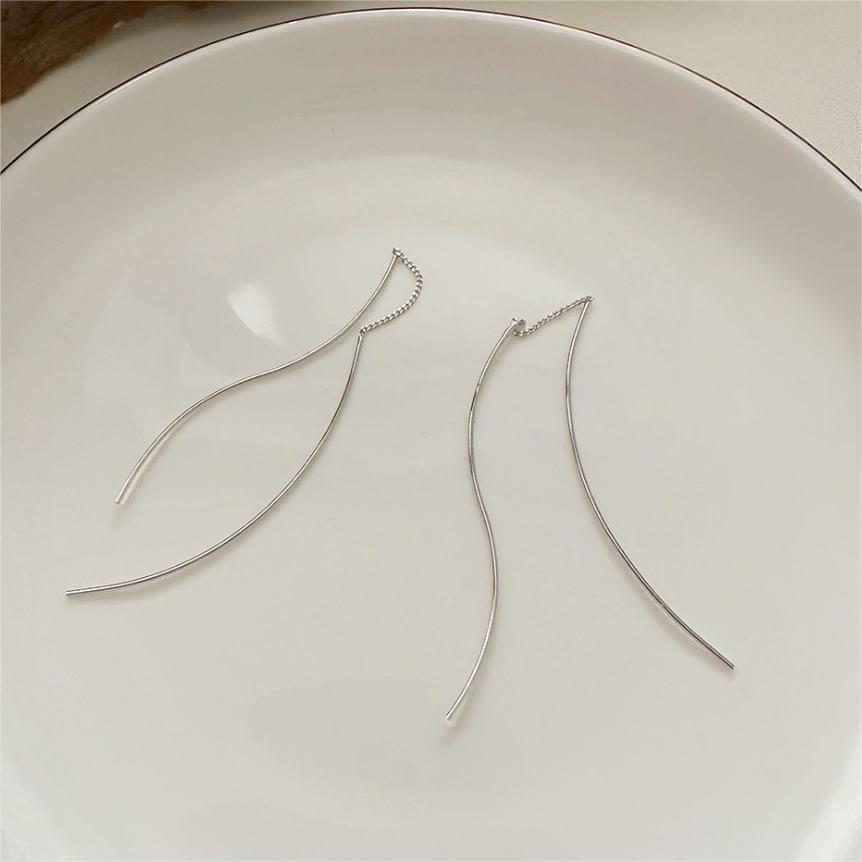 Minimalist Wave-Shaped S925 Sterling Silver Long Dangle Earrings for Women