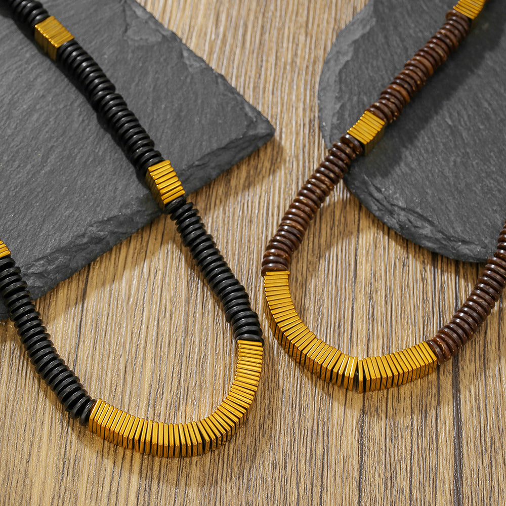 Sweet Punk Geometric Handmade Hematite Agate Coconut Shell Stone Beaded Necklace Cable Chain Unisex