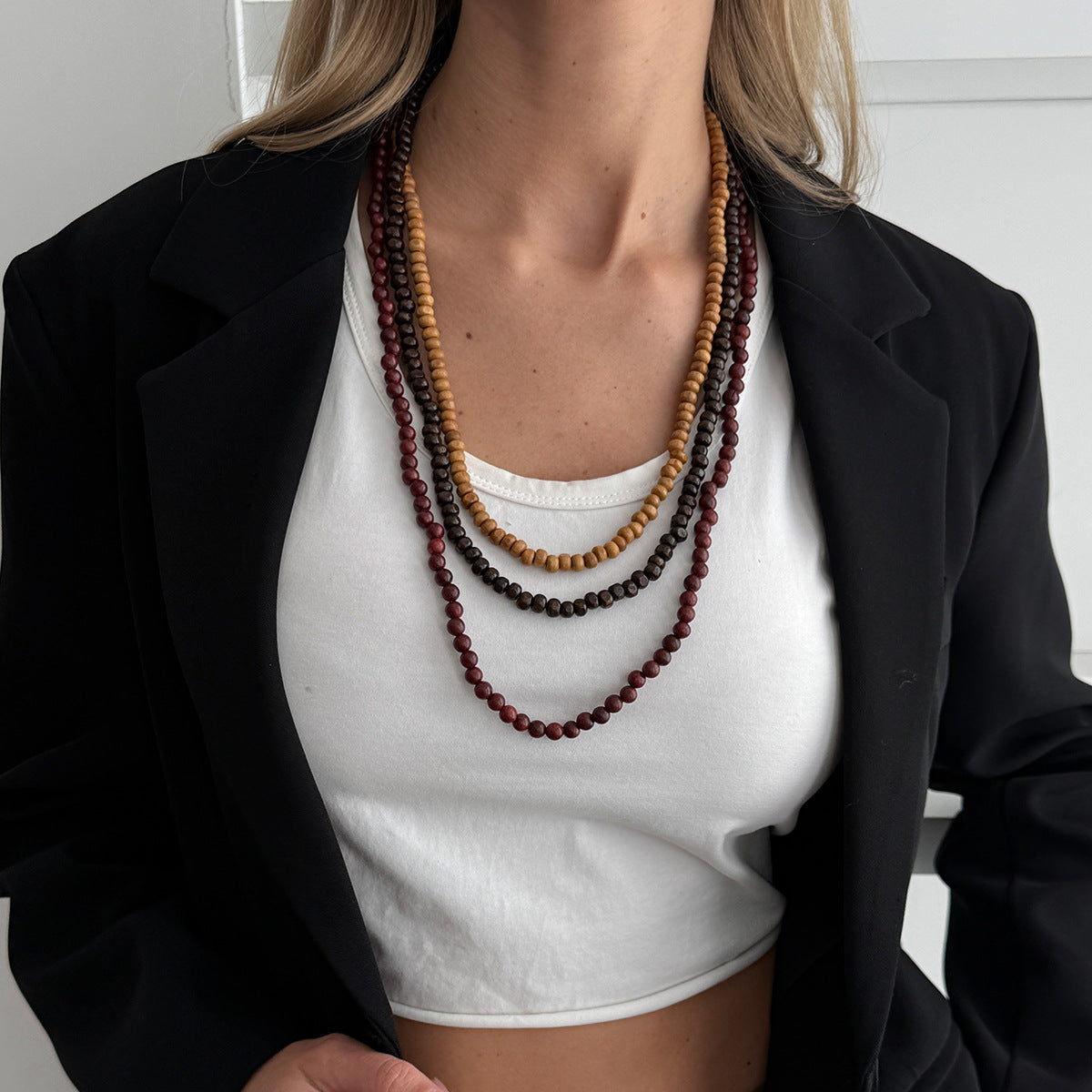 Vintage Geometric Wood Bead Necklace Multi-layered Ball Chain Long Pendant for Women