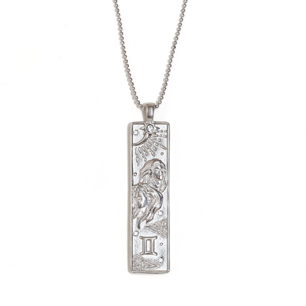 Vintage Geometric Zodiac Pendant Necklace for Women Stainless Steel with 18K Gold Plating Square Charm