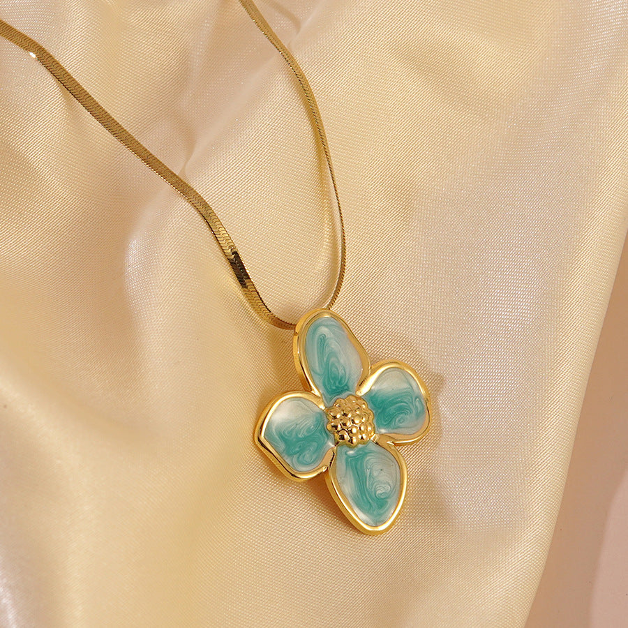 Elegant Drip Oil Plated Floral Stainless Steel Snake Chain Necklace for Women