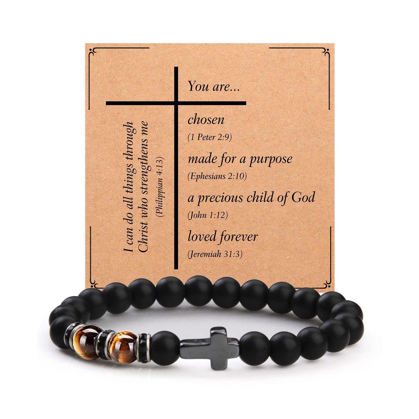 Minimalist Matte Black Beaded Bracelet with Small Cross Pendant Unisex Gift