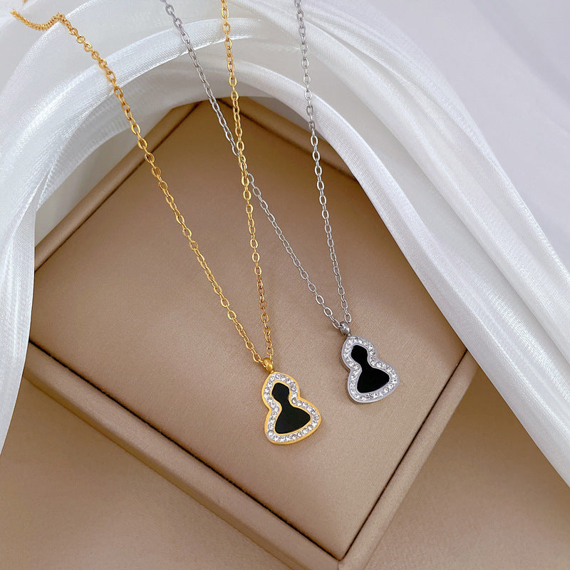 Minimalist Gourd-Shaped Full Rhinestone Titanium Steel Necklace for Women, Gold Plated Clavicle Chain