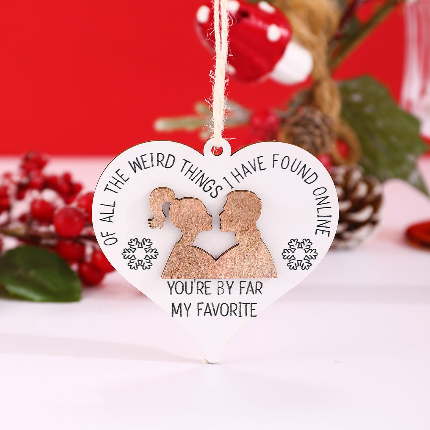 Ciondolo creativo in legno a forma di cuore con testo stampato per feste di Natale, coppie e amici