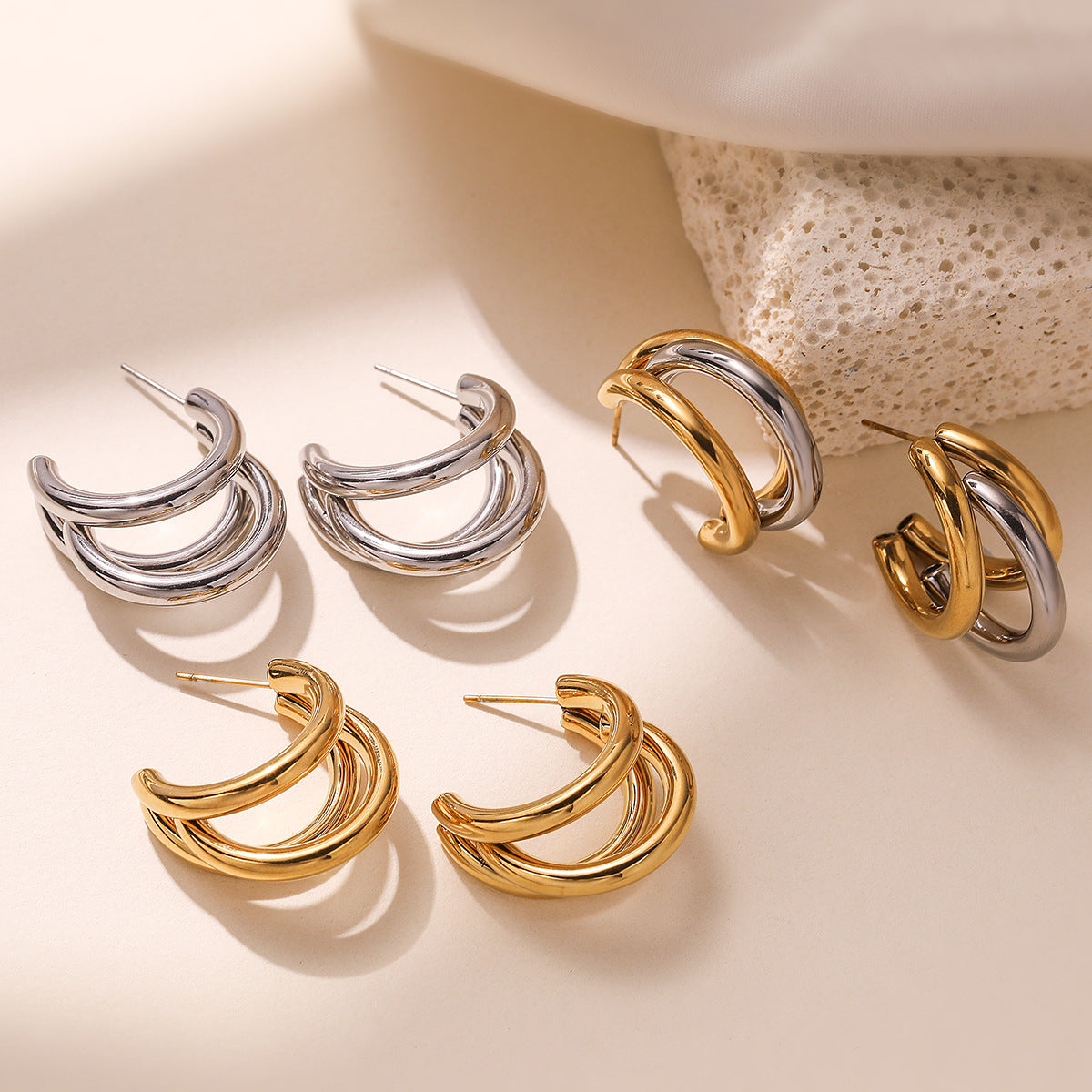 Minimalist Geometric Stainless Steel Earrings for Women with 18K Gold Plating, Irregular Design, Versatile Fashion Accessory
