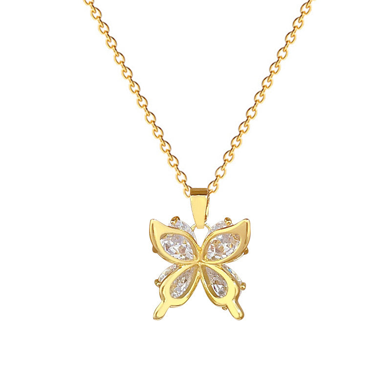 Sweet Minimalist Butterfly Hollow Cubic Zirconia Titanium Steel Necklace for Women and Men