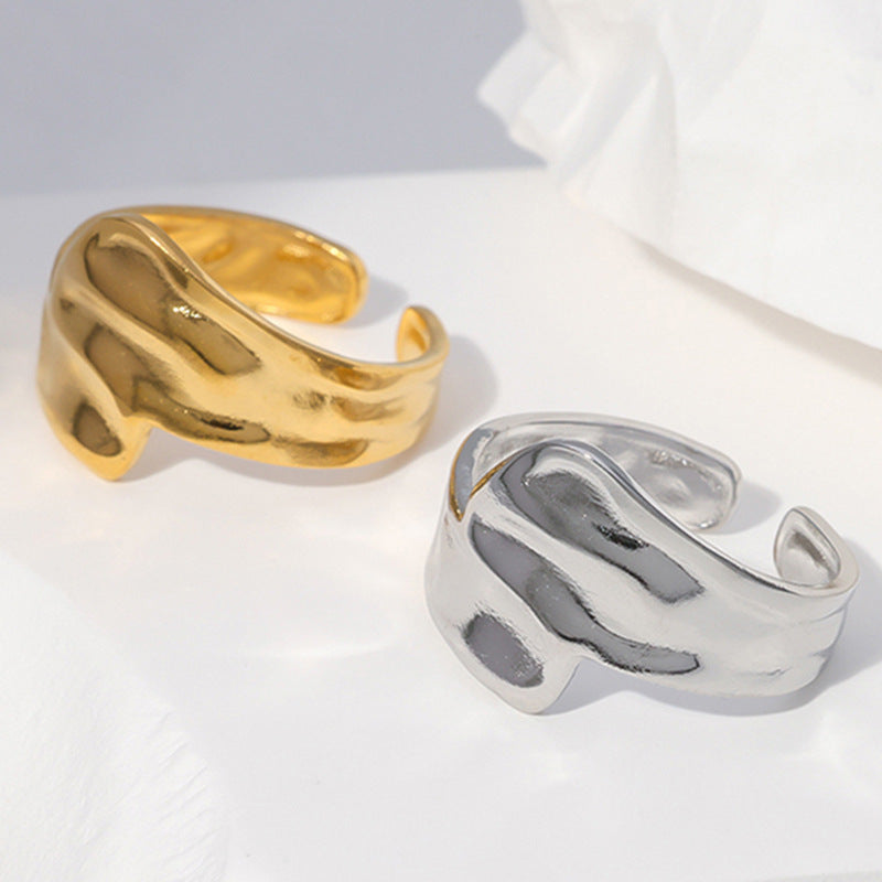 Anello irregolare geometrico in acciaio al titanio per donna con finitura placcata, moda minimalista, fascia regolabile