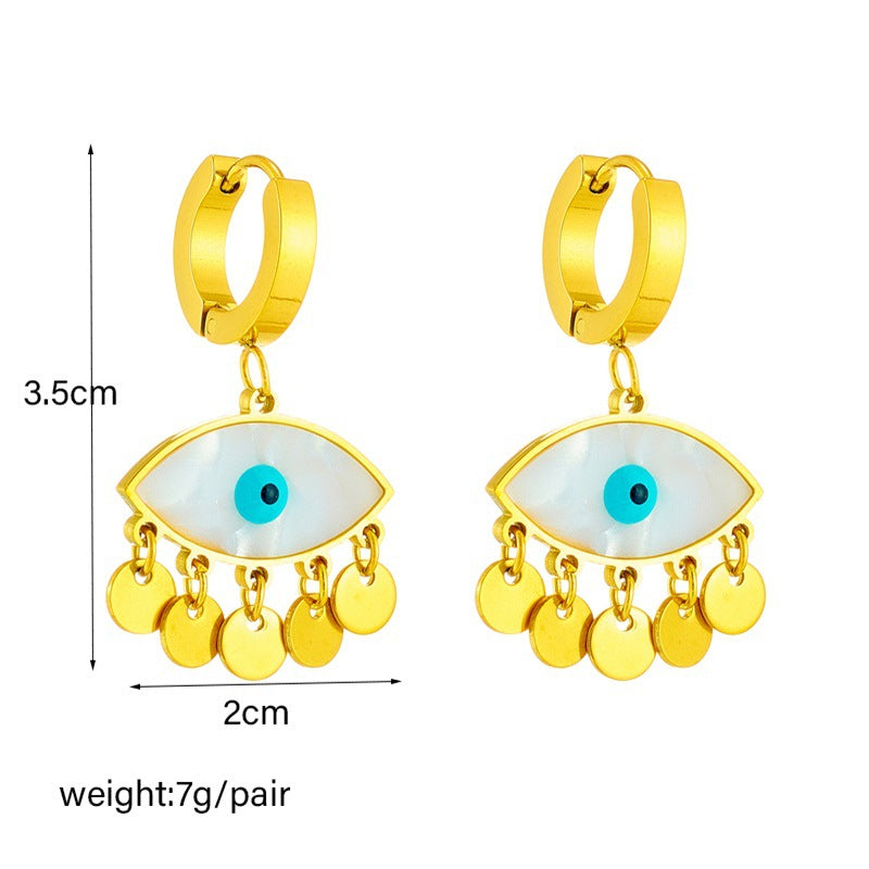 Aretes Colgantes Ovalados de Moda con Ojo Azul en Acero de Titanio con Acabado Chapado y Diseño Geométrico