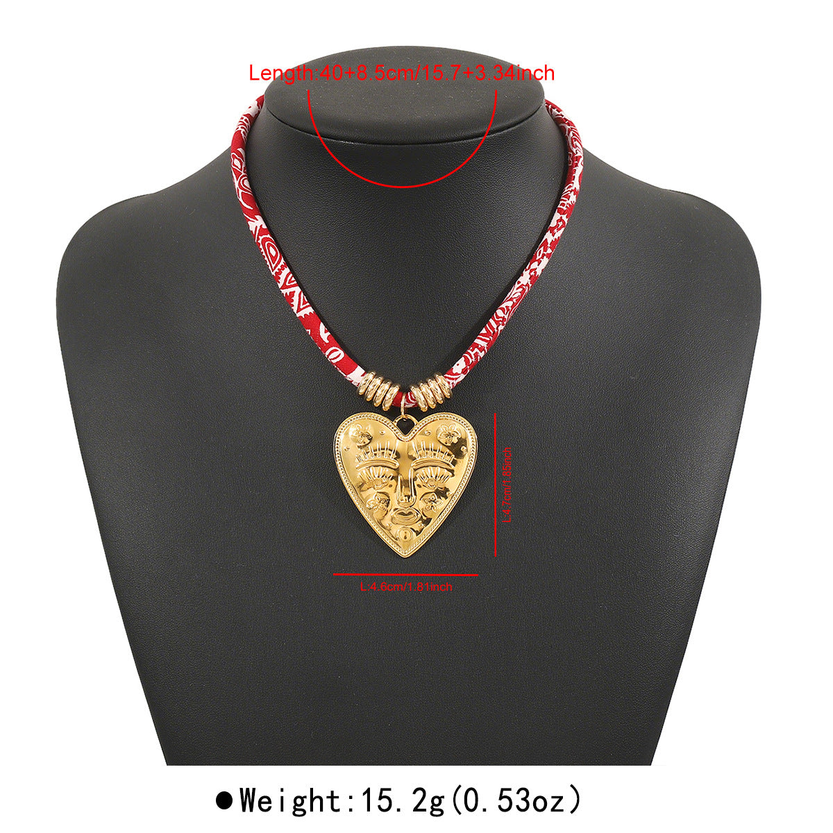 Collana con Ciondolo a Cuore, Luna e Volto di Sole Esagerati da Donna in Acciaio Inossidabile con Placcatura in Oro 14K su Cordino di Cotone