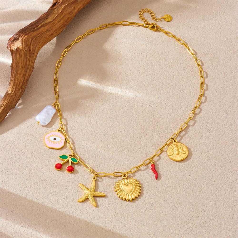 Cartoon Cherry Heart Drip Oil Stainless Steel Pendant Necklace with Box Chain for Women