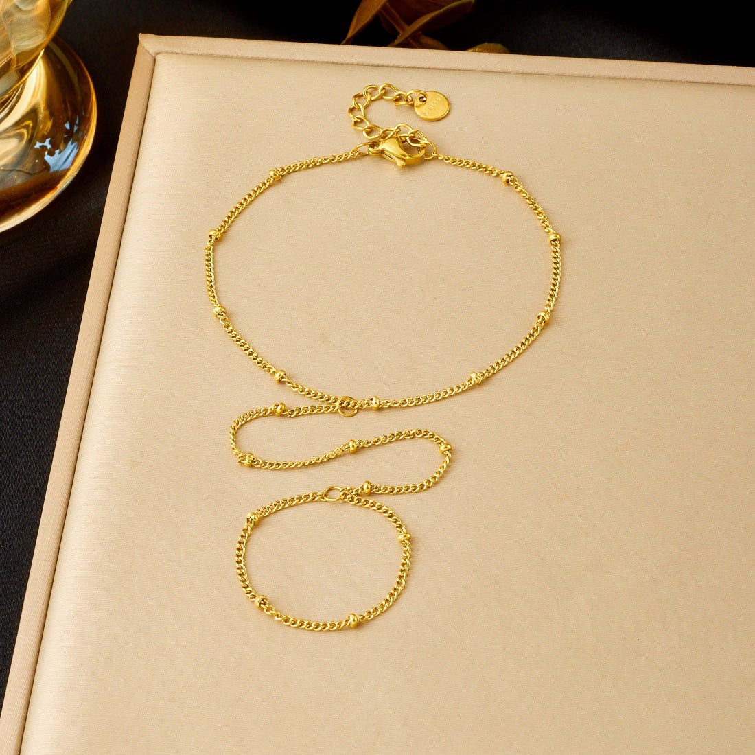 Minimalist Sweet Gold Plated Stainless Steel Beaded Chain Hand Chain Ring Bracelet for Women