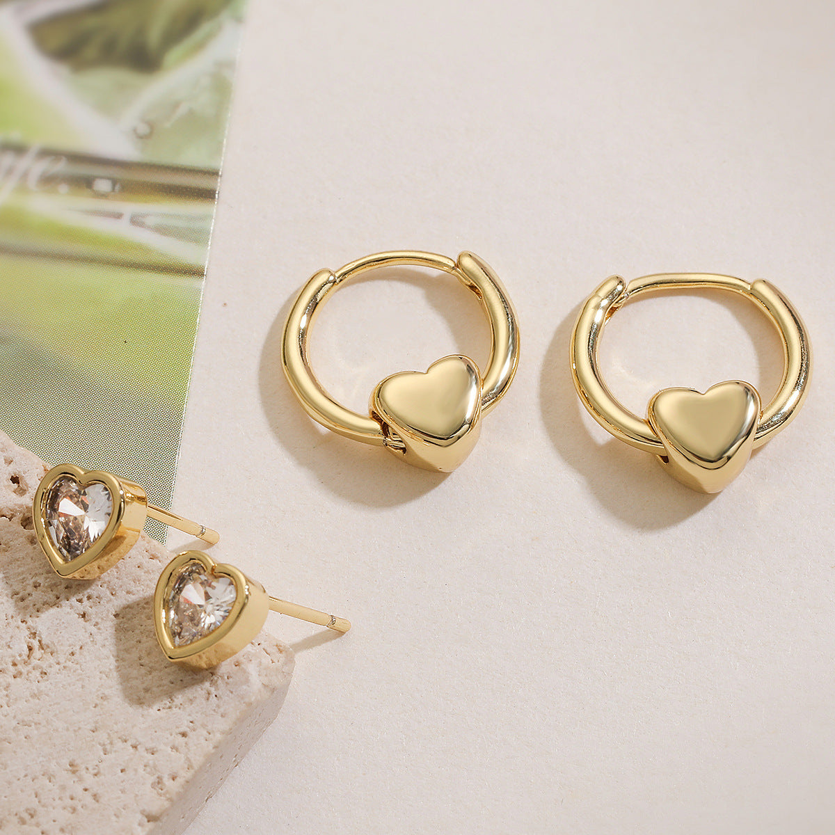Minimalist Heart-Shaped Copper Earrings with 18K Gold Plating and Micro-Pave Zirconia for Women