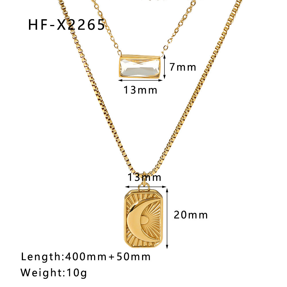 INS Style Moon and Sun Pendant Necklace Set with Zirconia on Stainless Steel Double Layer O-Chain for Women