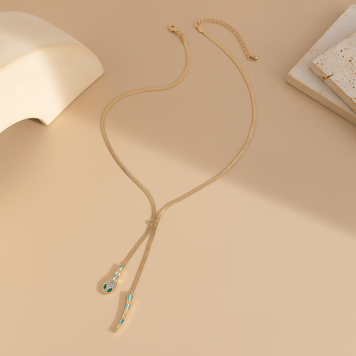 Minimalist Long Flat Snake Chain Necklace for Women with Alloy Pendant and Electroplated Finish