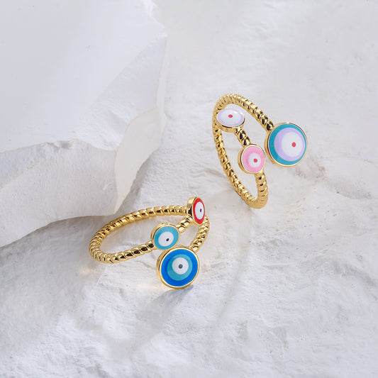 Minimalist Geometric Open Ring for Women in Brass with Gold Plating and Enamel Eye Detail