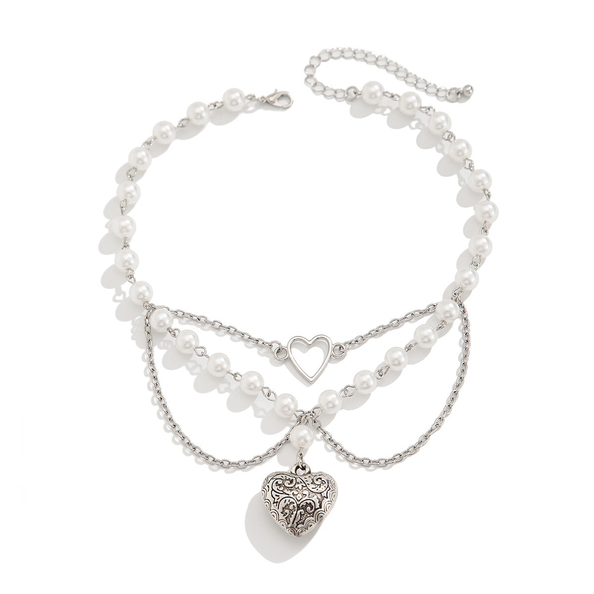 Sweet and Edgy Heart Star Pendant Necklace with Tassels for Women Alloy Chain with Pearl-Like Beads