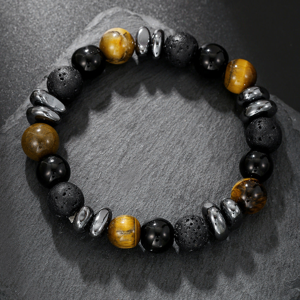 Geometric Cross Obsidian and Cat's Eye Beaded Bracelet