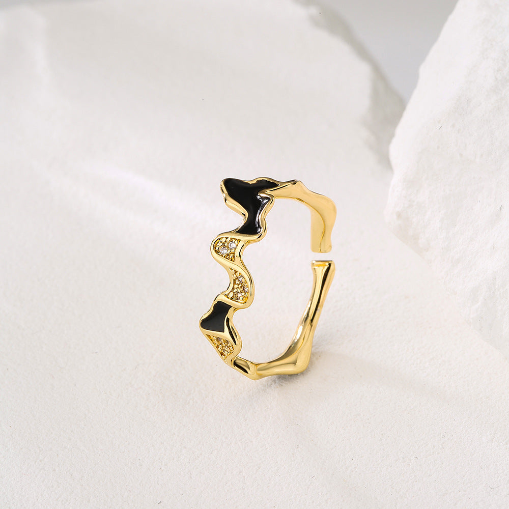 INS Style Irregular Geometric Open Ring for Women Made of Copper with 18K Gold Plating and Enamel-Set Zirconia