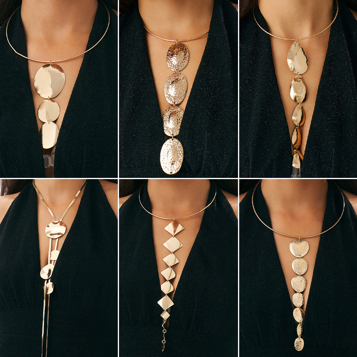 Collana Girocollo Esagerata Geometrica Tonalità Fredde con Texture Martellata e Pendente a Frange da Donna