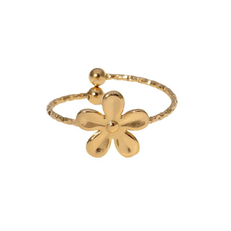 Anello Floreale Minimalista in Acciaio Inossidabile Placcato Oro, Fascia Aperta Regolabile per Donna