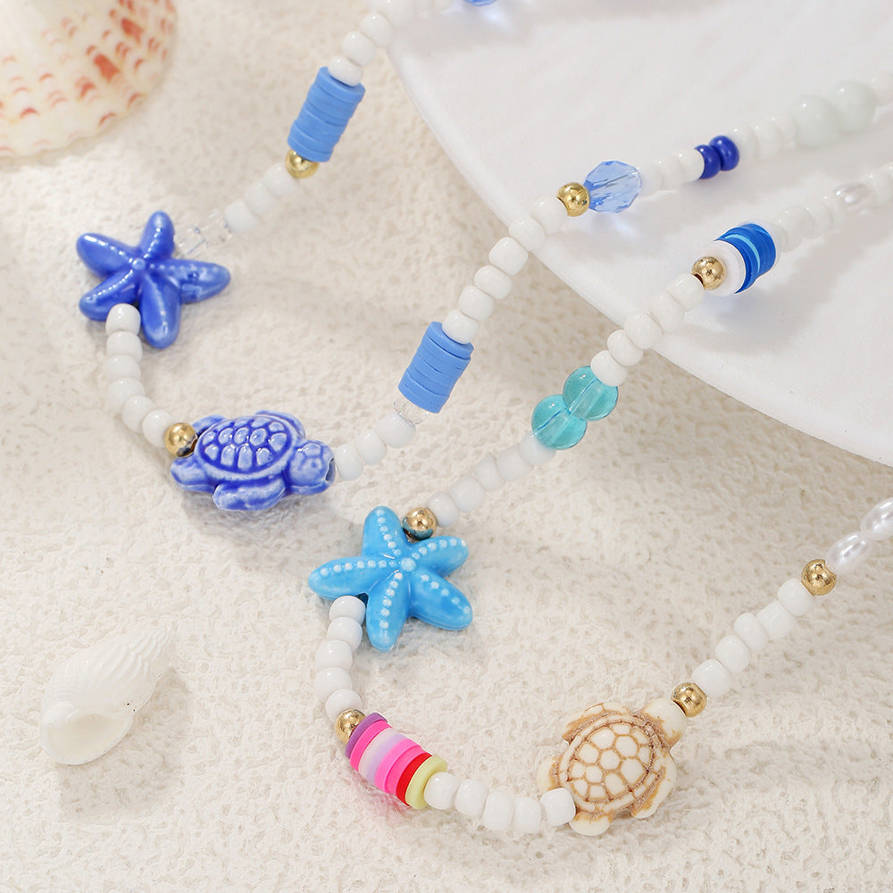 Geometric Round Stainless Steel and Resin Necklace with Starfish Shell Turtle Charms Cable Chain Unisex