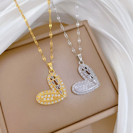 Sweet Micro-Paved Rhinestone Heart Pendant Titanium Steel Necklace for Women