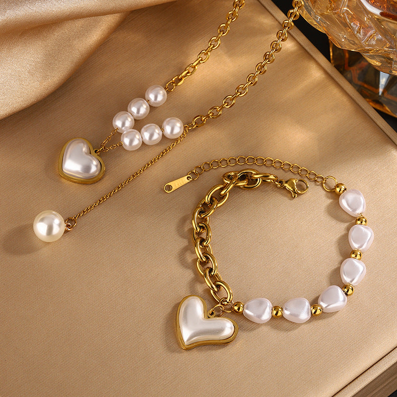 Luxury 18K Gold Plated Stainless Steel Heart Pendant Necklace and Bracelet Set with Resin Pearl for Women