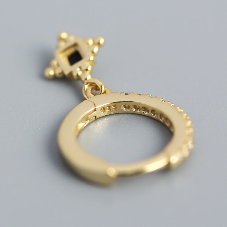 Minimalist Vintage 925 Sterling Silver Geometric Square Inlaid Cubic Zirconia Hoop Earrings