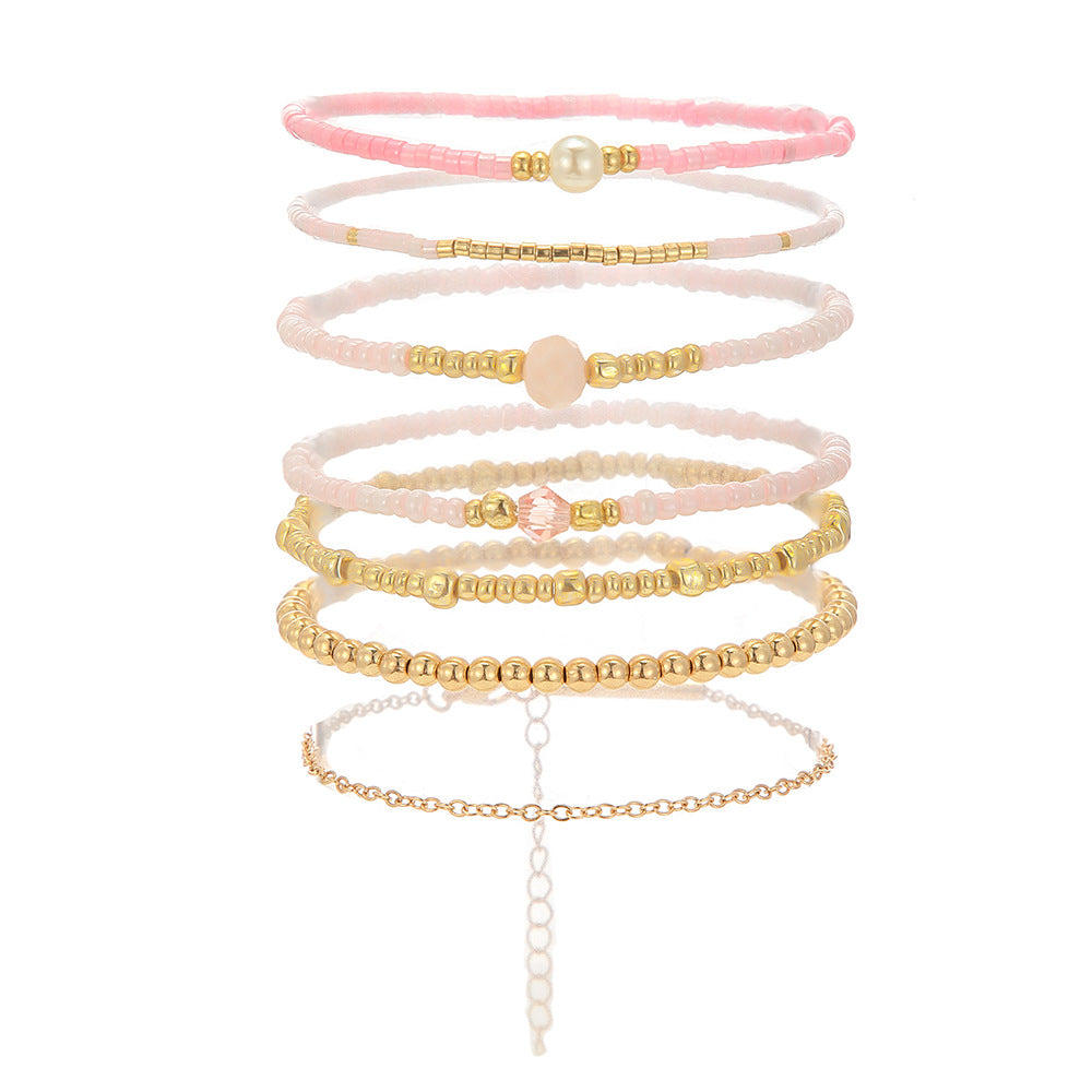 Bohemian Geometric Round Heart Handmade Alloy Glass Beaded Bracelet Set for Women