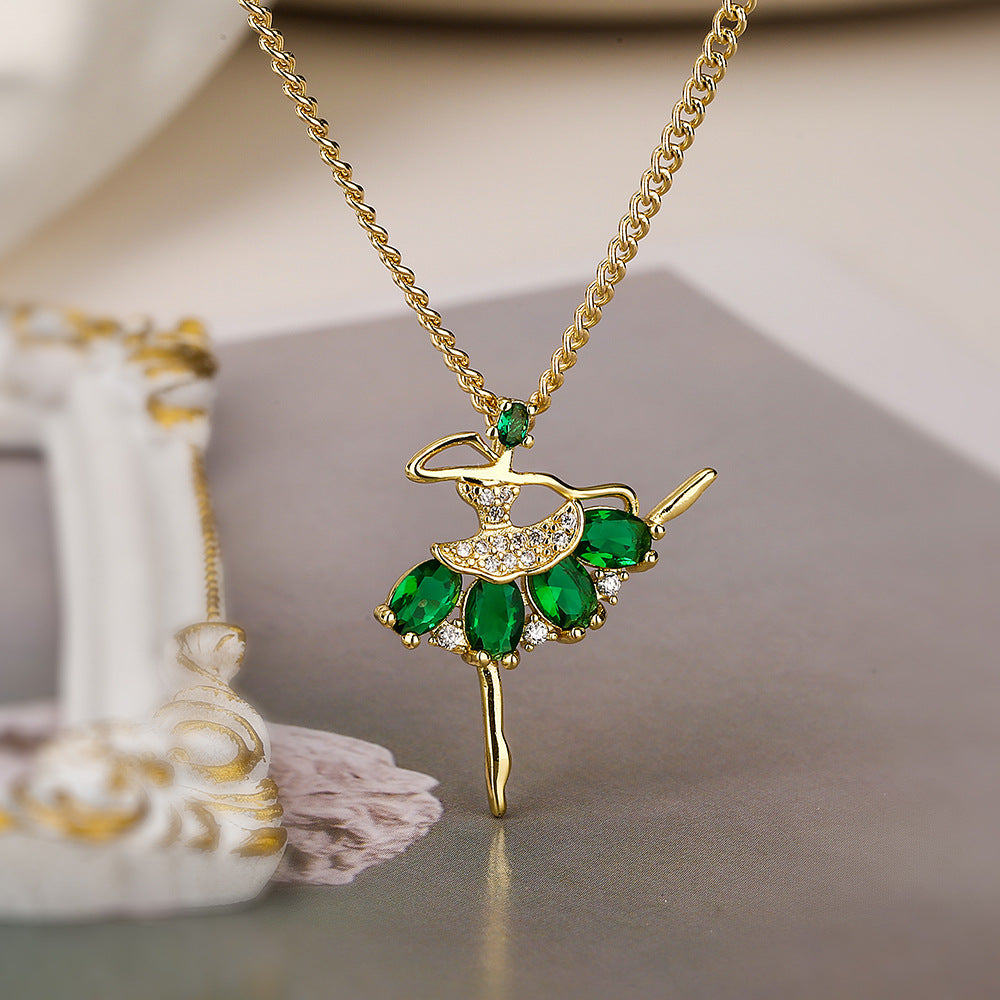 Minimalist Ballet Dancer Pendant Necklace with Copper Base Plated in 18K Gold and Zircon Inlay