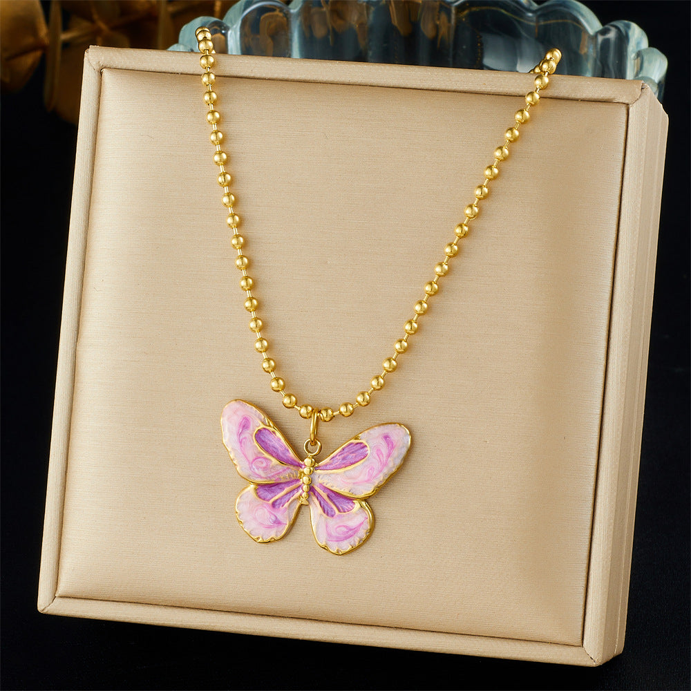 Sweet Blue Purple Gradient Drip Oil Butterfly Floral Stainless Steel Snake Chain Necklace
