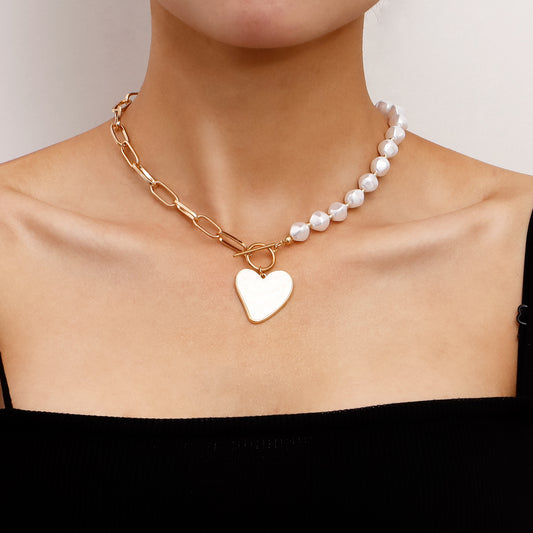 Fashionable Geometric Rhombus Pearl Heart Mother-of-Pearl Pendant Necklace for Women Alloy Chain with Plating Finish