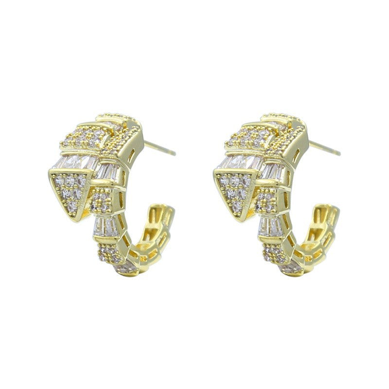 Minimalist Modern Snake-Shaped Zirconia Earrings in Titanium Steel with Real Gold Plating for Women