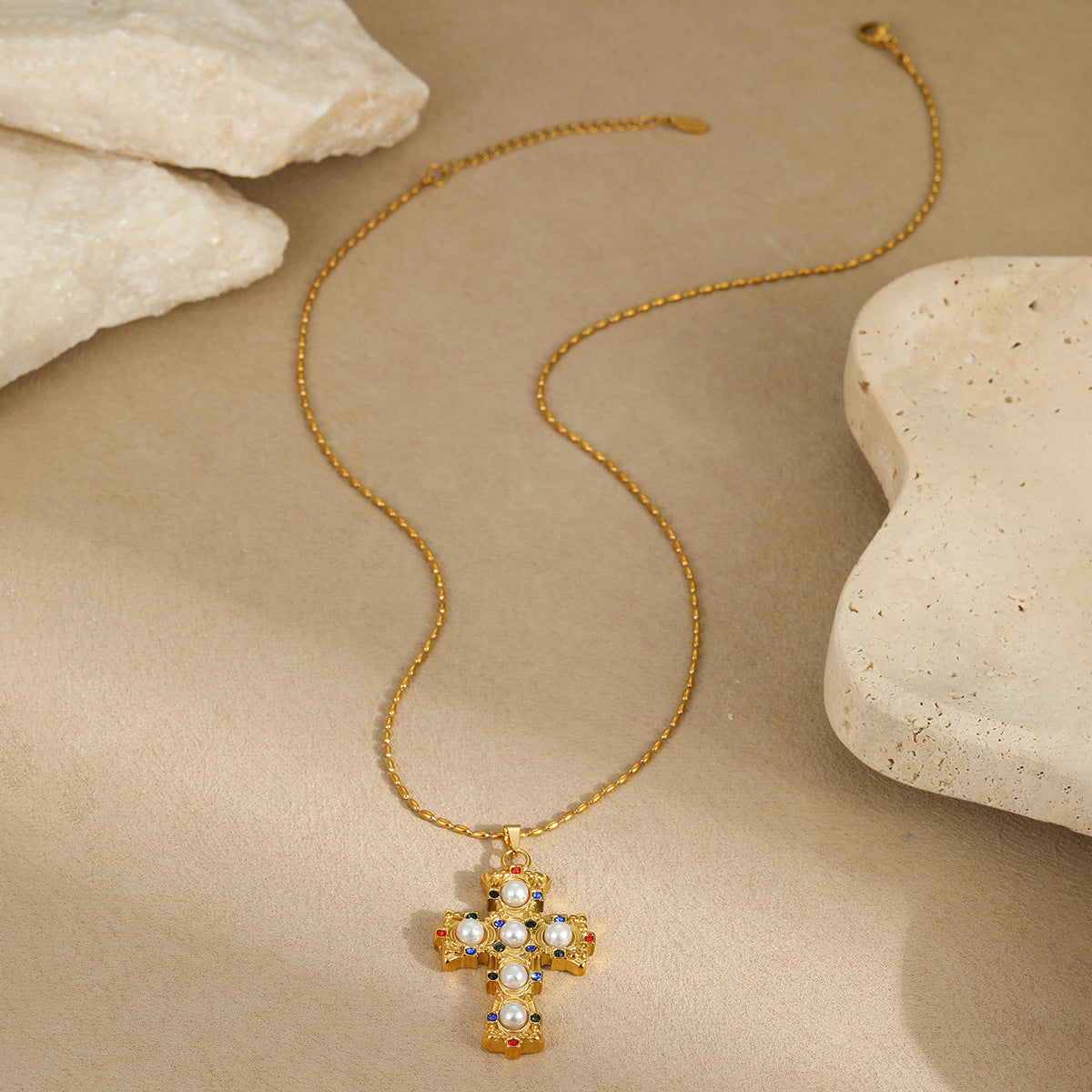 Collar con colgante de cruz de moda en acero inoxidable con baño de oro de 18 quilates y incrustaciones de pedrería colorida, diseño geométrico para mujer