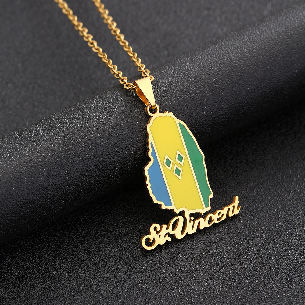Collana con ciondolo a mappa geometrica in acciaio inossidabile stile etnico con charm in acciaio al titanio e finitura galvanica su catena a O