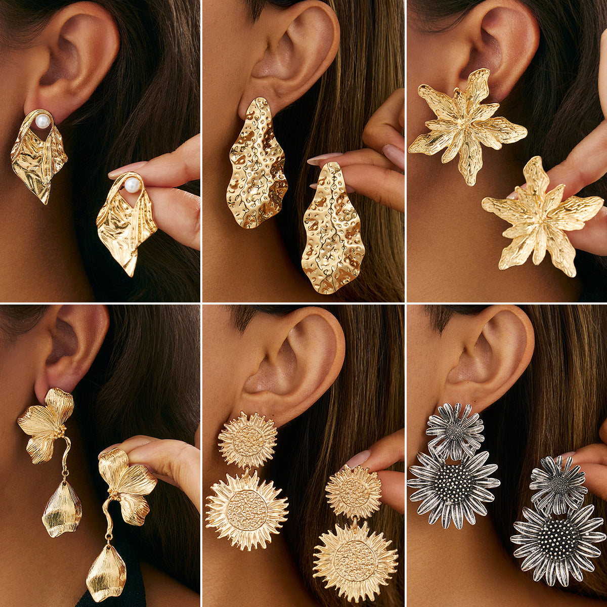 Aretes con colgante de girasol tridimensional estilo vintage para mujer, aleación con acabado galvanizado