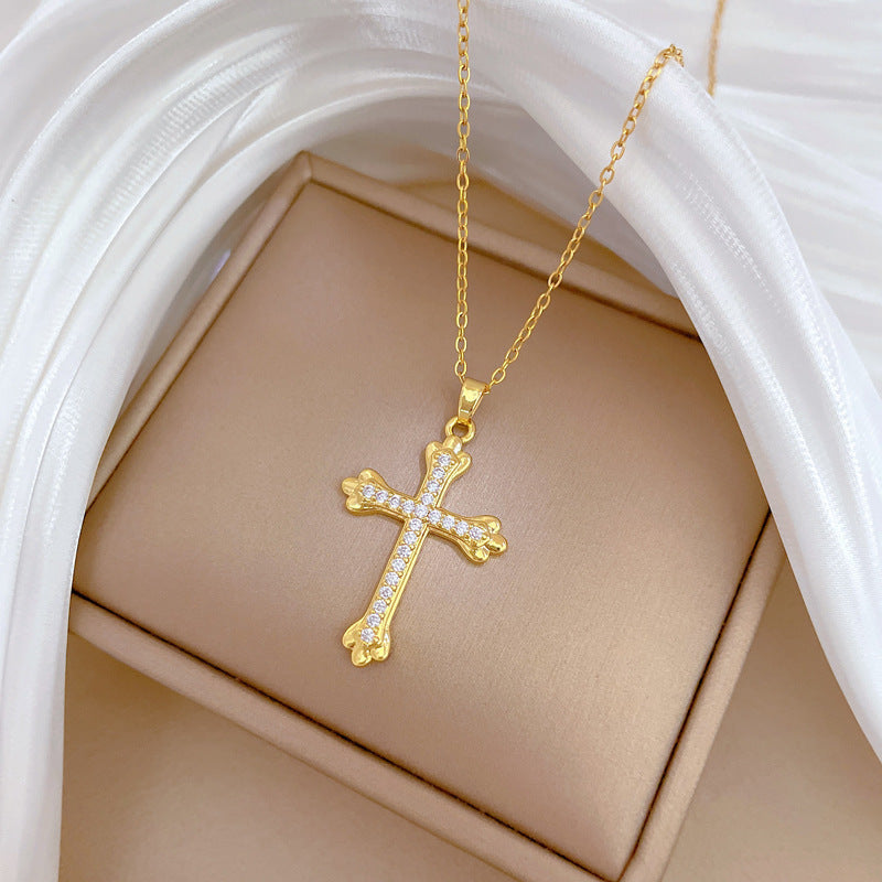 Collana con ciondolo a croce di lusso in acciaio inossidabile con intarsio completo di strass da donna, catenina delicata a forma geometrica