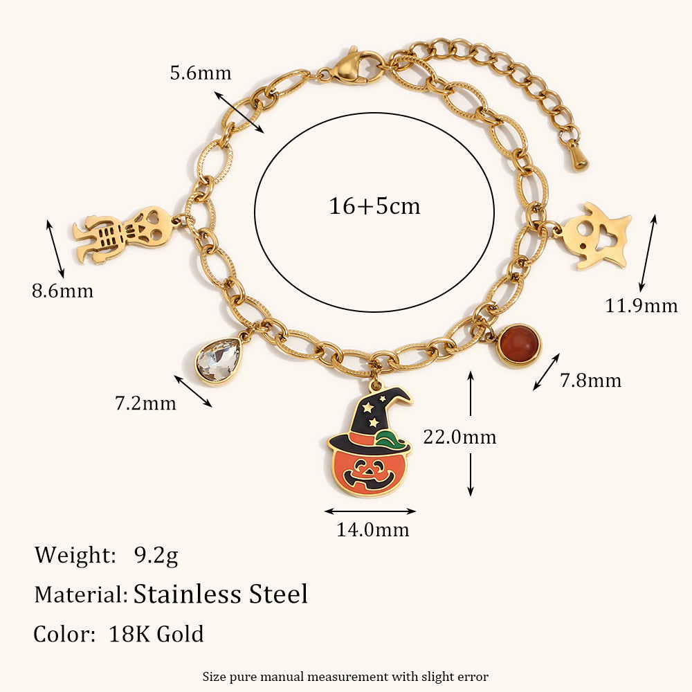 Fashionable Cartoon Pumpkin Skull Pendant Bracelet in Stainless Steel with 18K Gold Plating for Halloween and Travel Souvenirs