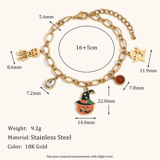 Fashionable Cartoon Pumpkin Skull Pendant Bracelet in Stainless Steel with 18K Gold Plating for Halloween and Travel Souvenirs