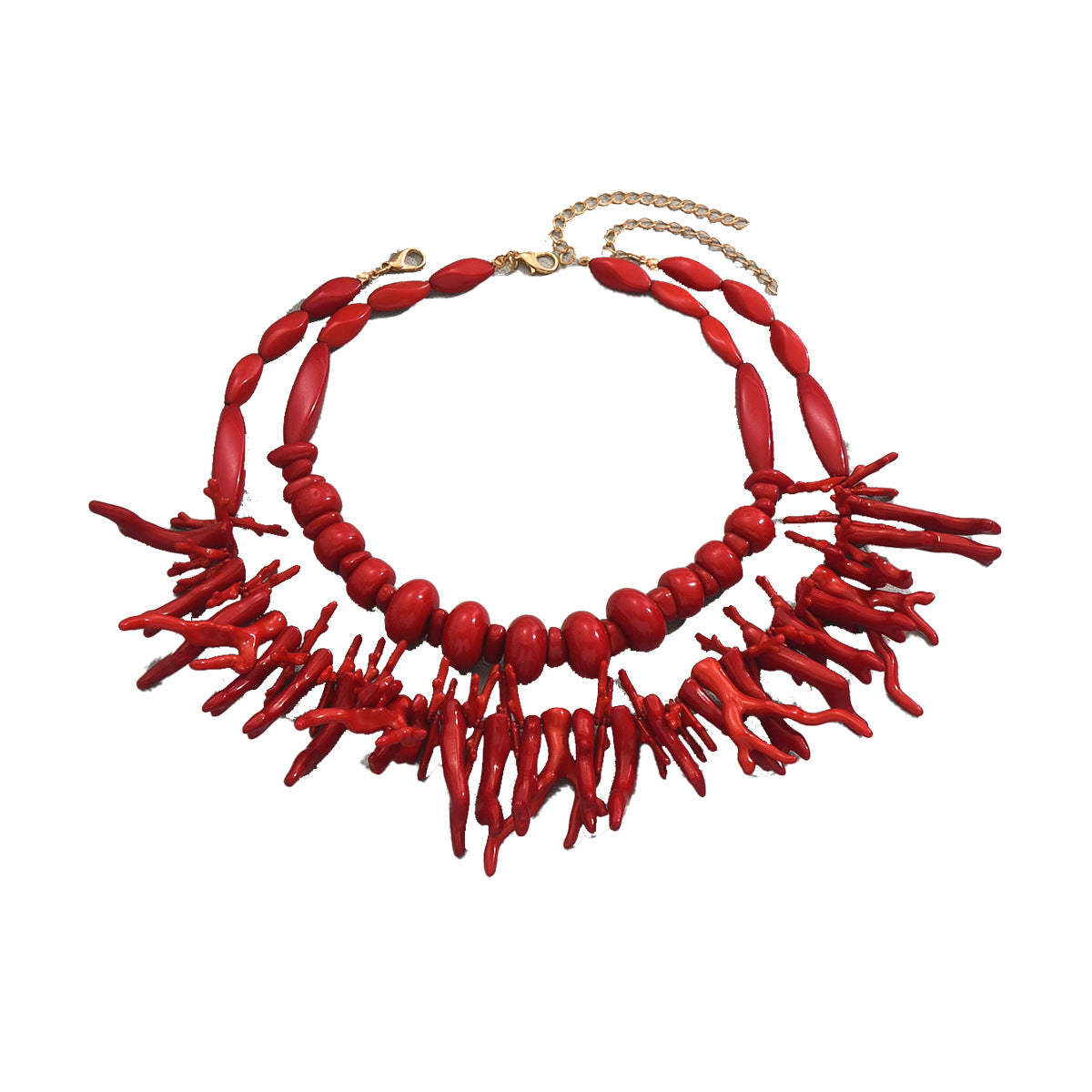 Parure di Collana Lunga Geometrica di Tendenza per Donna con Ciondolo in Resina a Forma di Corallo e Dettagli in Lega Galvanizzata