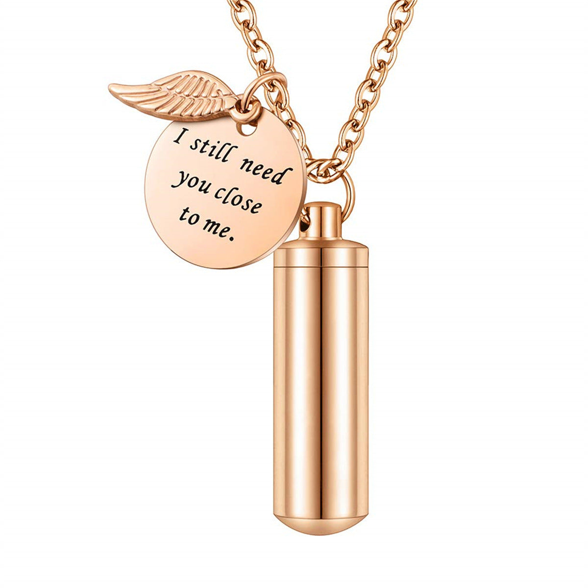 Personalized Stainless Steel Angel Wing Pendant Necklace with Hollow Cylinder Design for Pet Memorial Keepsake Unisex