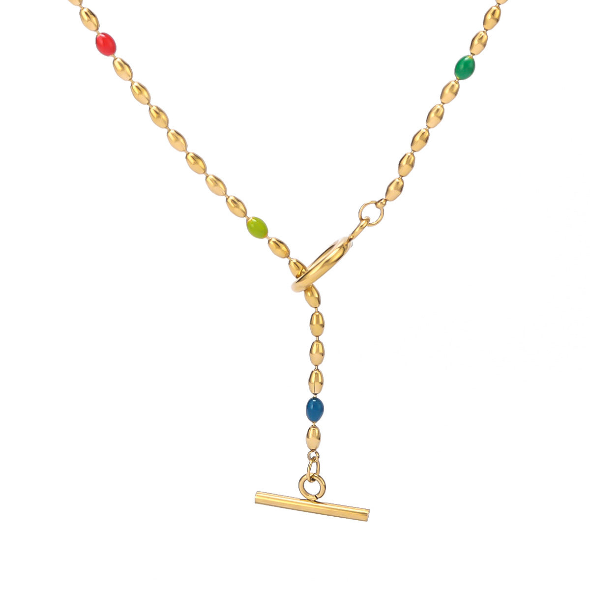 Retro French Sweet Colorful Resin Bead Minimalist Geometric Pendant Necklace for Women with Stainless Steel Chain and 18K Vacuum Plating