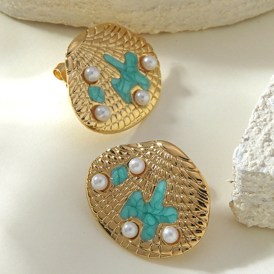 Orecchini in Acciaio Inossidabile con Design a Goccia Geometrica, Perla di Concha e Nota Musicale, Stile Lusso Casual, per Donna