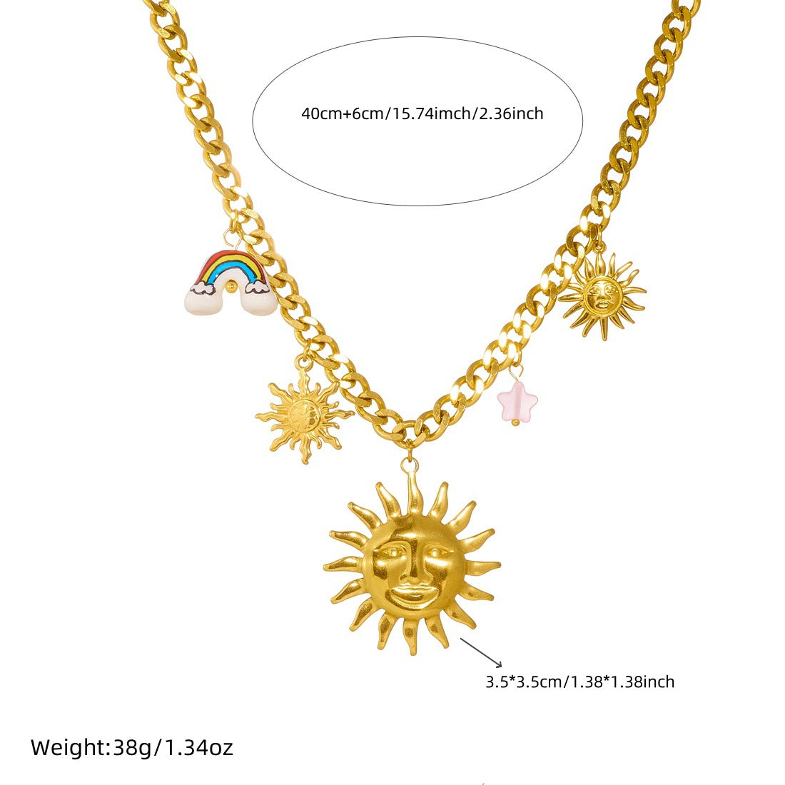 Unique Gold Plated Stainless Steel Moon Star Ceramic Rainbow Pendant Necklace and Bracelet Set for Women