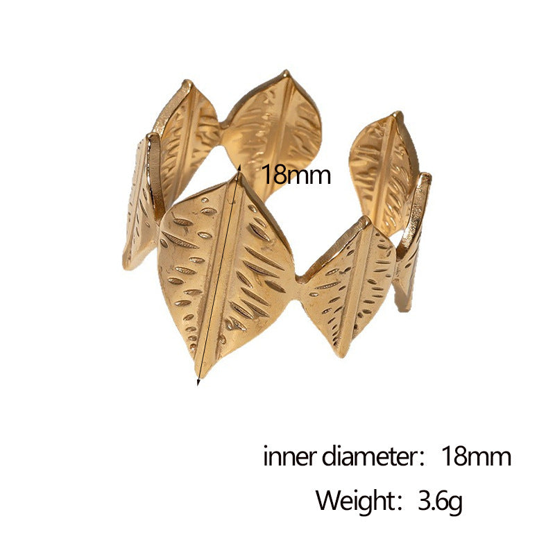 Minimalist Leaf-Shaped Stainless Steel Adjustable Open Ring for Women with Gold Plating