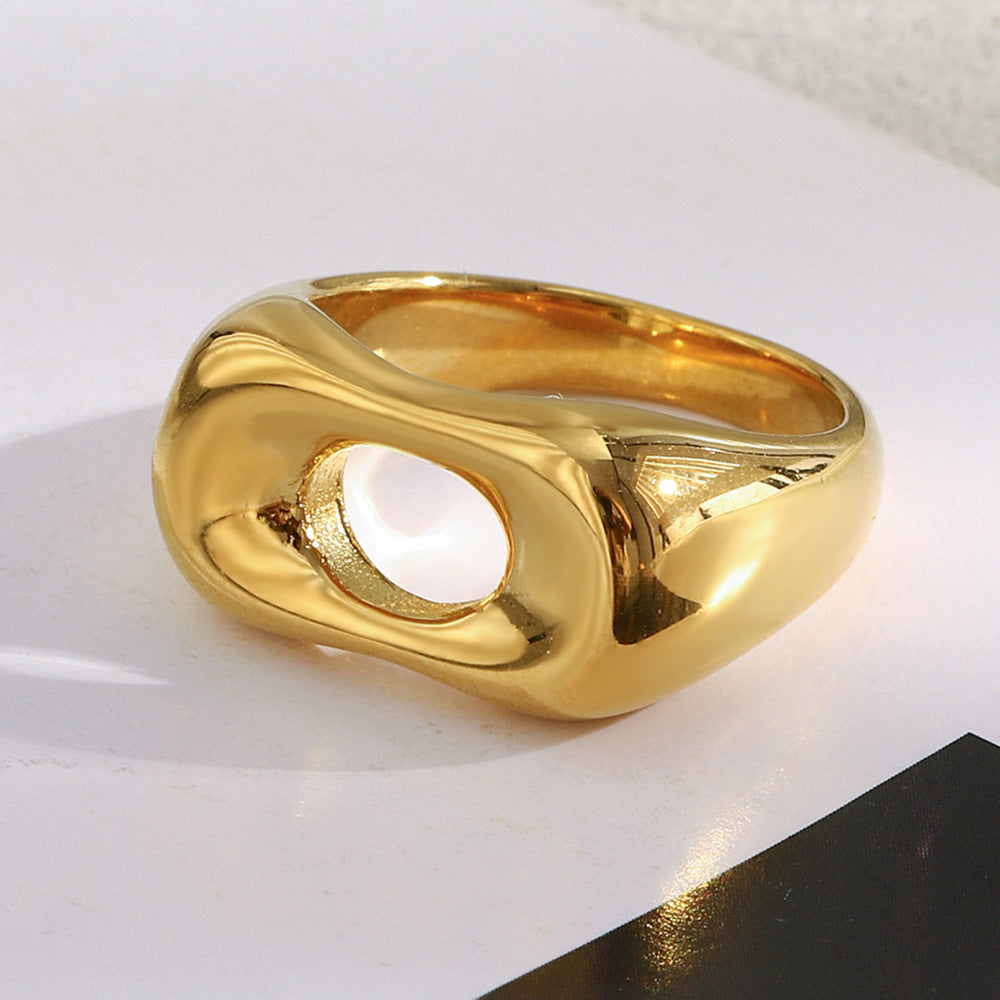 Anillo de baguette largo hueco geométrico minimalista para mujer en acero inoxidable con baño de oro de 18 quilates