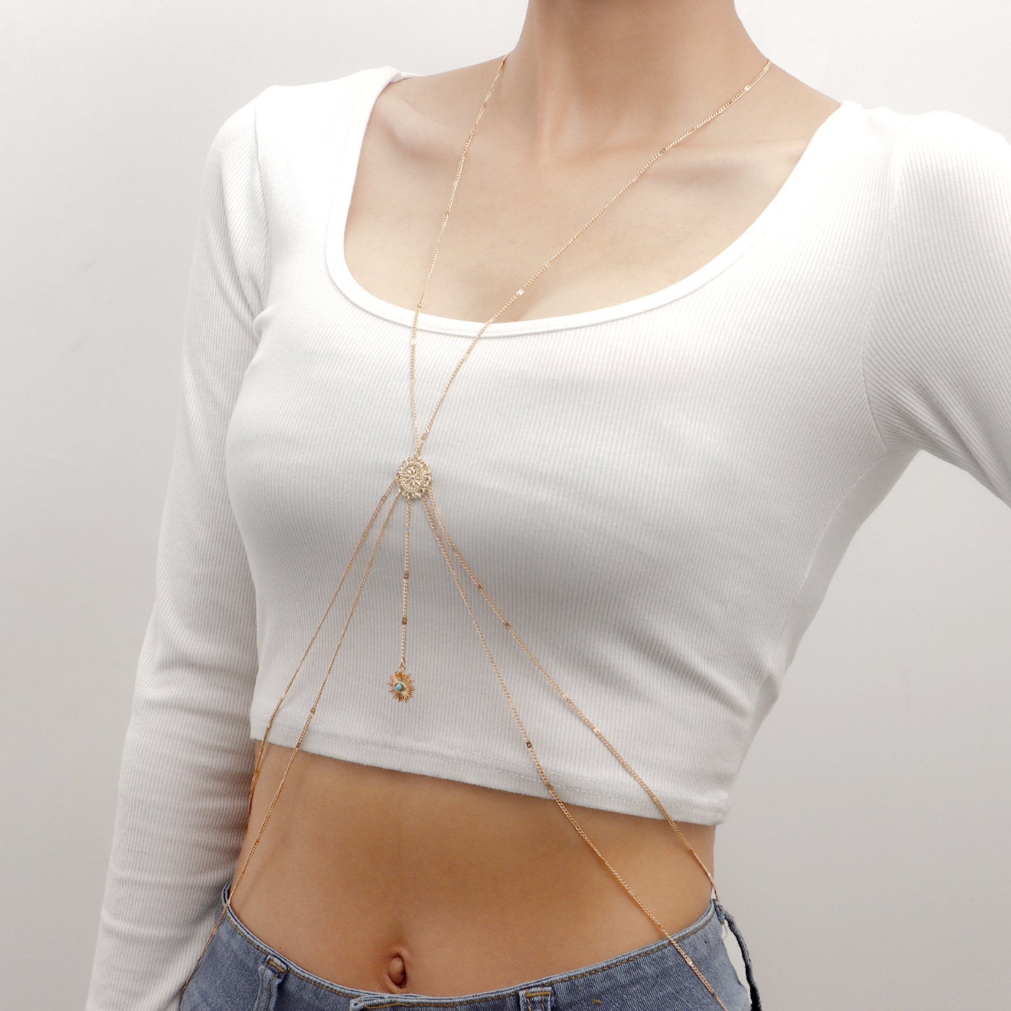 Sexy Body Chain for Women with Eye Pendant and Fringe Details, Alloy Plated Body Jewelry Set for Nightclub or Bikini Wear