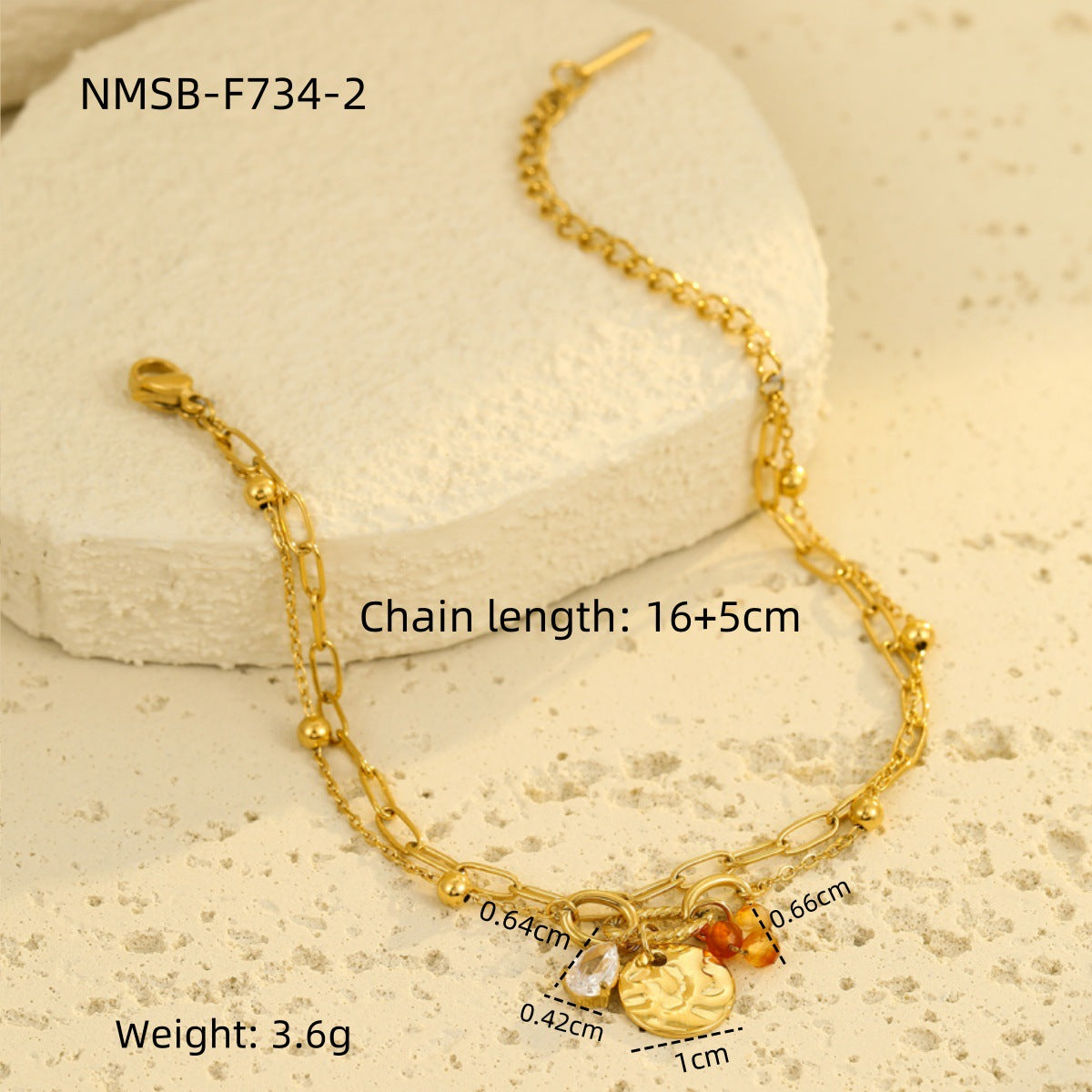 Bracciale in Acciaio al Titanio alla Moda Stile Ufficio con Zircone a Goccia e Ciondolo Perla su Charm Rotondo da Donna