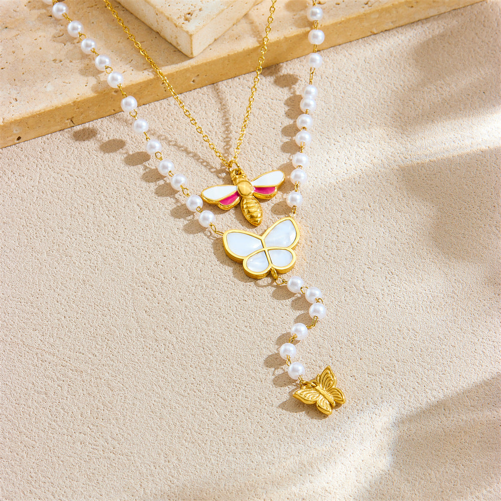 Vintage Fashion Stainless Steel Butterfly and Bee Enamel Pendant Necklace with O-Chain for Women
