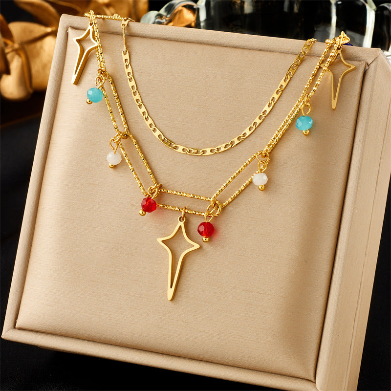Collana a Strati Minimalista alla Moda con Ciondolo Rotondo a Cuore di Farfalla Ispirato alla Perla e Ciondolo a Ritratto in Acciaio Inossidabile con Finitura Placcata
